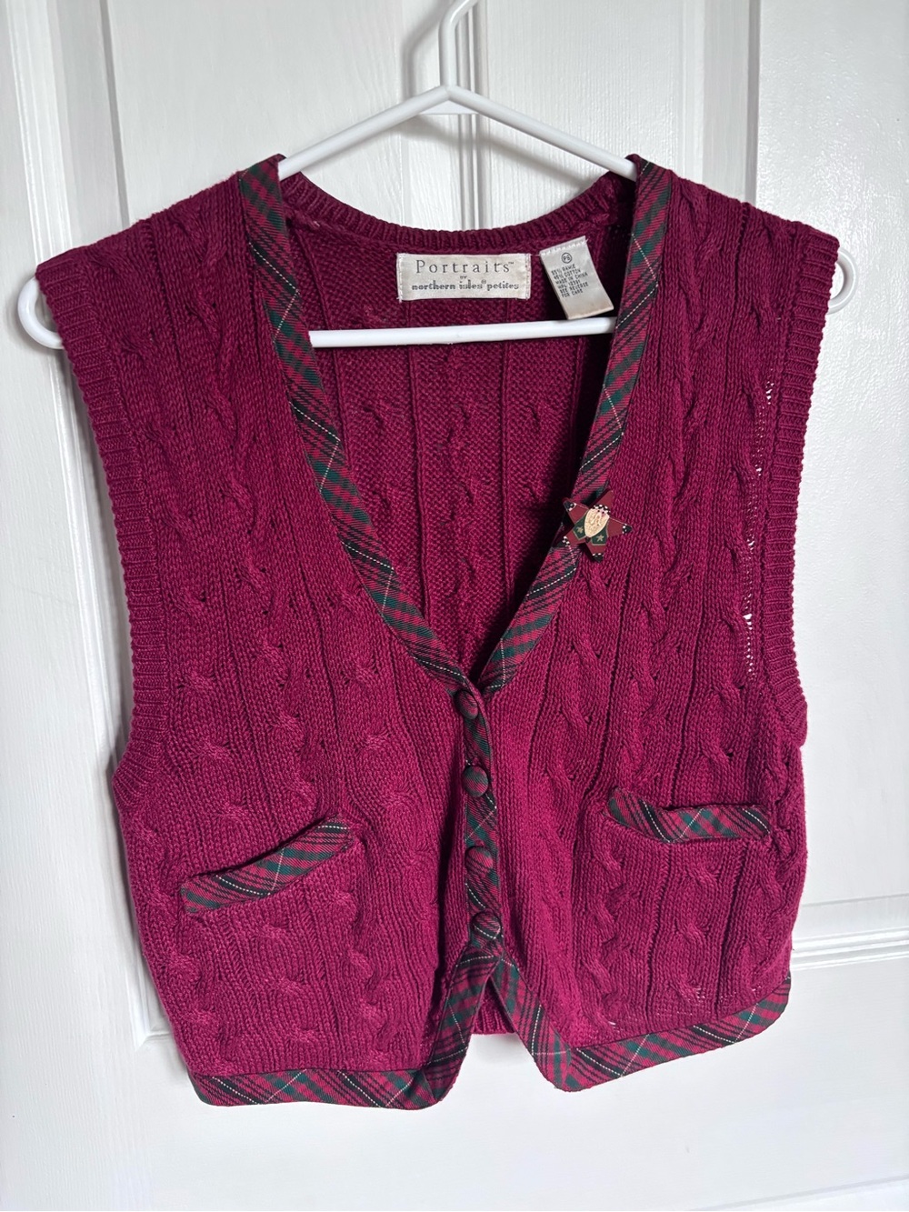 Vintage 90s Portraits Northern Isles Plaid Trim Cable Knit Vest Small